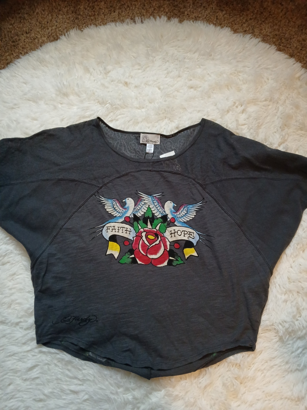 Ed Hardy Women's Charcoal 'Faith Hope' Graphic Crop Tee
